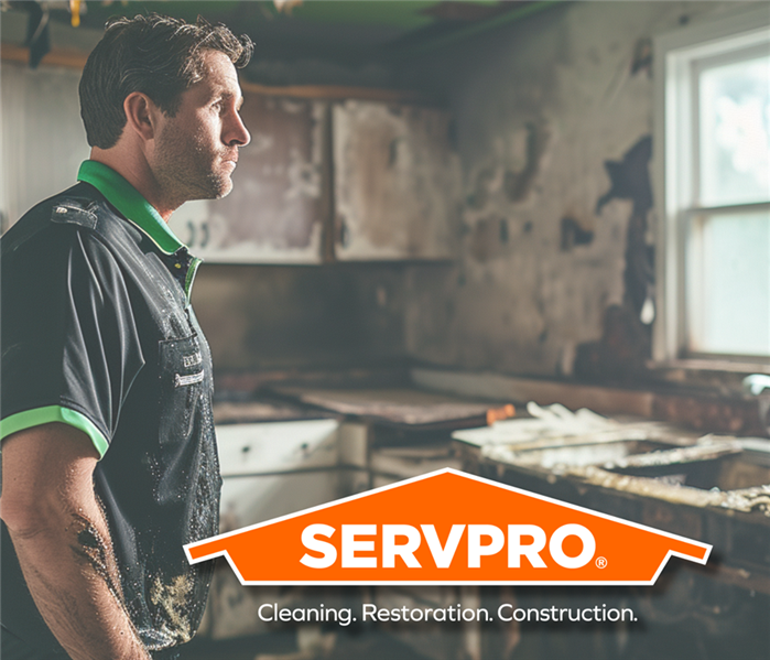 The image features a male professional from Servpro, a company specializing in cleaning, restoration, and construction, stand
